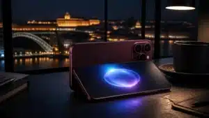 iPhone 18 e marketing digital: smartphone premium com assistente de IA no ecrã, à noite, com o Porto ao fundo