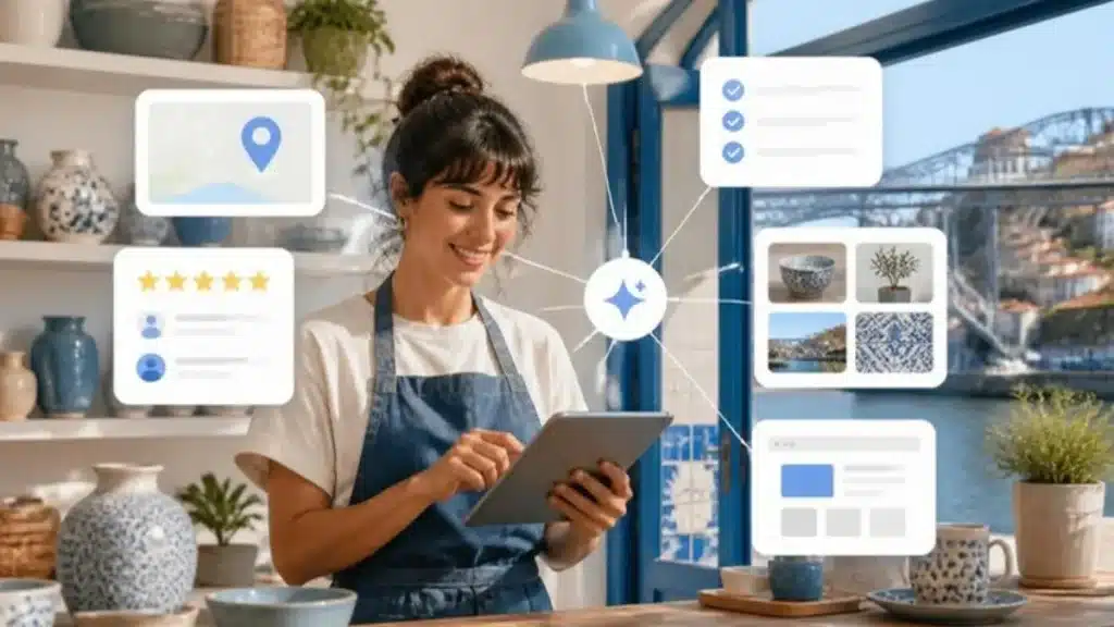 Dona de loja no Porto a otimizar o Perfil da Empresa no Google: avaliações, fotos, checklist e site