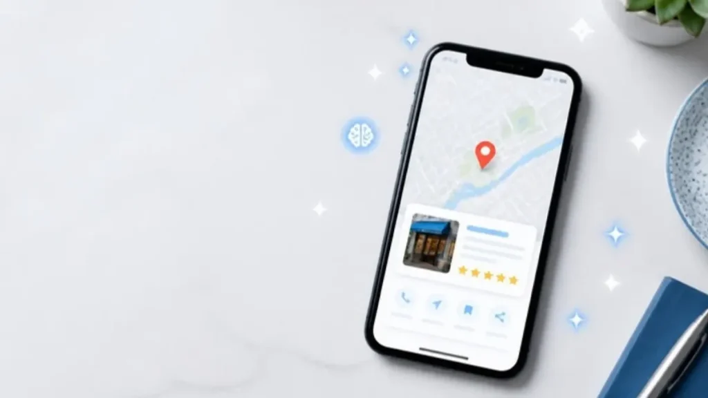 Perfil da Empresa no Google: telemóvel com Google Maps, pin de localização e avaliações de 5 estrelas