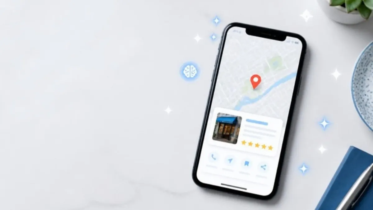 Perfil da Empresa no Google: telemóvel com Google Maps, pin de localização e avaliações de 5 estrelas